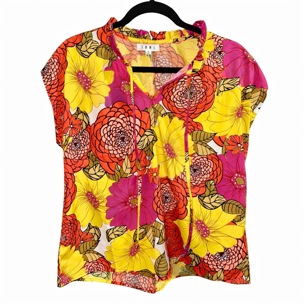 THML Retro Floral Blouse Boho Mod 70s Bright Tie Neck Top-Medium